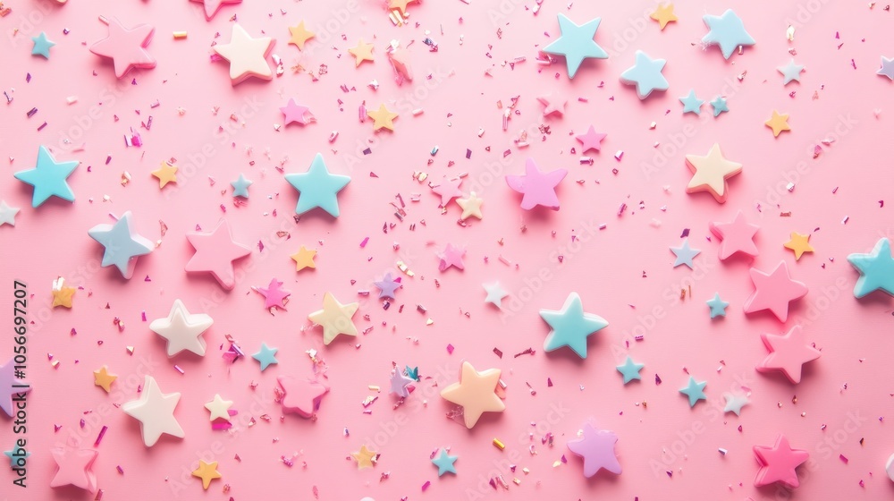 Abstract pastel star confetti on a pink background Abstract pastel star confetti on a pink background