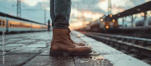 Mans Legs Close Up Stand At The Railway Station Railroad On Background