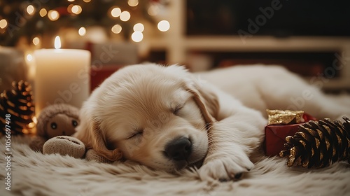 Golden retriever puppy sleeping peacefully on soft rug with Christmas decorations and candle : Generative AI photo