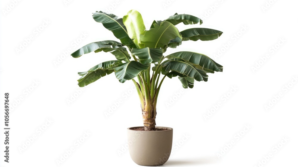 Obraz premium Plantain tree in a pot viewed from the front set against a white background