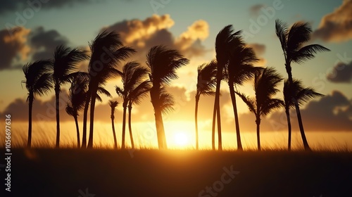 Sunset over a beach with palm trees. The palm trees are swaying in the wind. The sky is filled with clouds, and the sun is setting in the distance photo