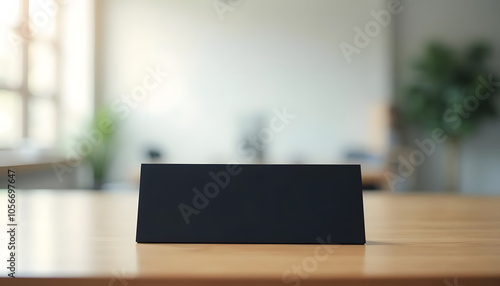 Wallpaper Mural Blank black nameplate on wooden desk in modern office with soft lighting in background Torontodigital.ca