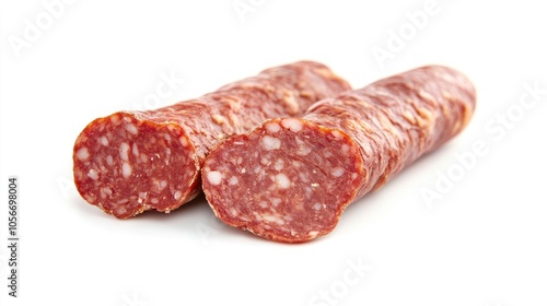 Iberian salami sausage isolated on a white background featuring rich flavors of Iberian pork