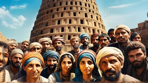 People posing in front of the Tower of Ancient Babylon