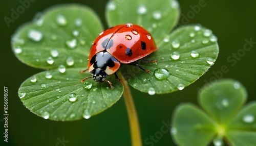 Macro Shot of a Bright Red Ladybug on a Four-Leaf Clover - Perfect for Nature Illustrations or Insect Studies