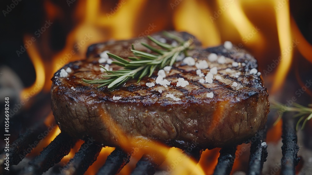 Close up of grilled steak seasoned with rosemary and sea salt cooked over an open flame A concept showcasing gourmet cooking and barbecue Close up of grilled steak seasoned with rosemary and sea salt cooked over an open flame A concept showcasing gourmet cooking and barbecue