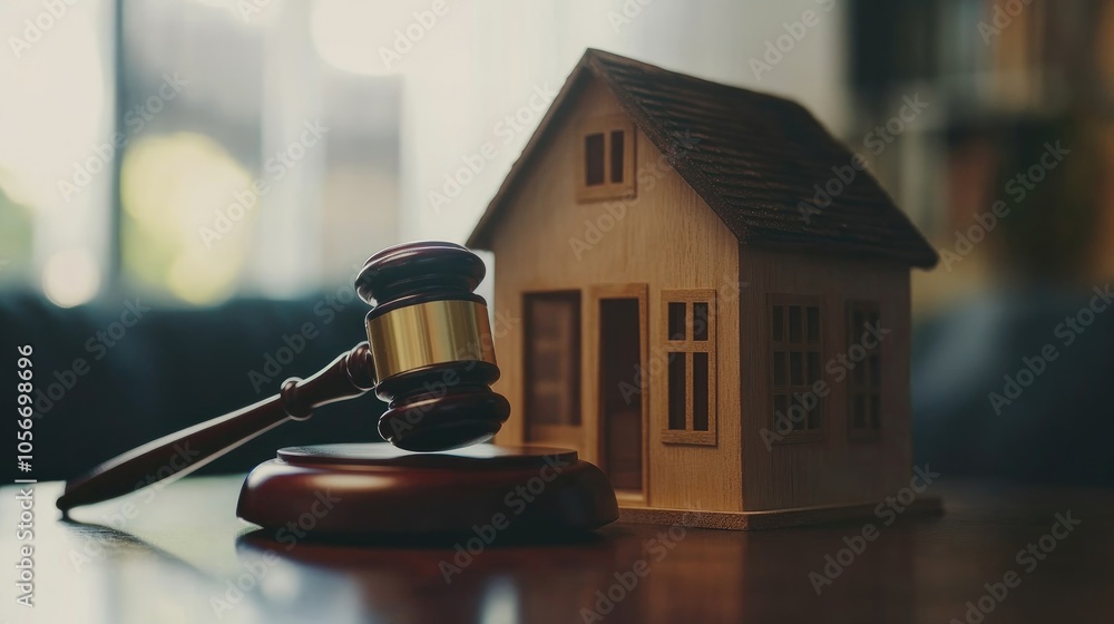A gavel and a miniature house on a desk symbolize the connection between real estate and legal matters highlighting themes of property law and justice A gavel and a miniature house on a desk symbolize the connection between real estate and legal matters highlighting themes of property law and justice