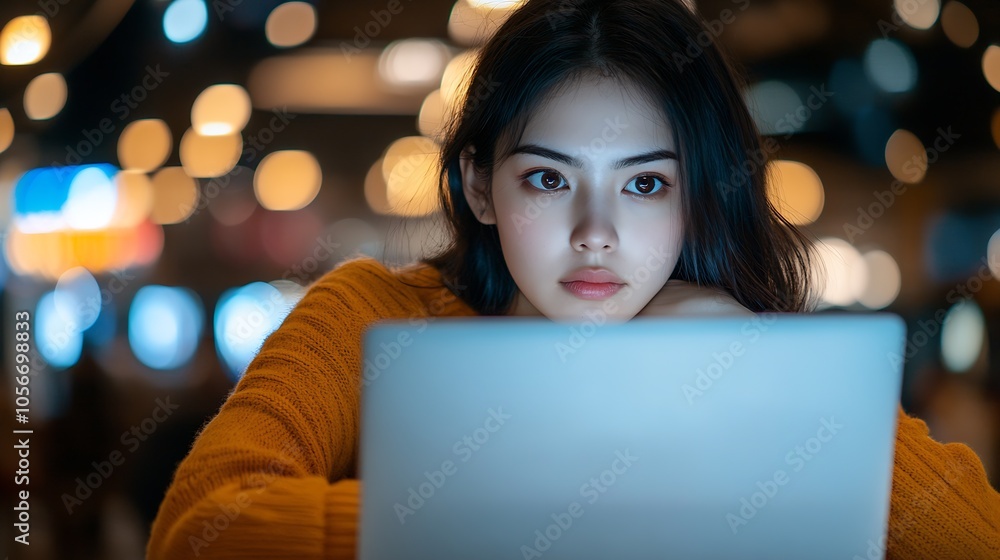 Focused Woman Engaged in Intense Work on Laptop with Bright Bokeh Background : Generative AI Focused Woman Engaged in Intense Work on Laptop with Bright Bokeh Background : Generative AI