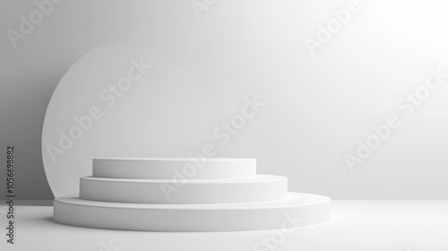 2410_086.minimalist white winners podium, three-tiered platform, glossy finish, empty stage, gradient gray background, studio lighting, clean design, 3d rendering