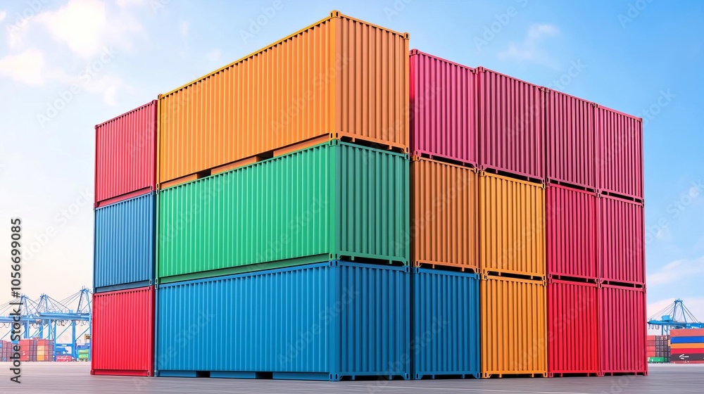 A colorful arrangement of stacked shipping containers against a clear blue sky, showcasing the vibrant colors and industrial significance. A colorful arrangement of stacked shipping containers against a clear blue sky, showcasing the vibrant colors and industrial significance.