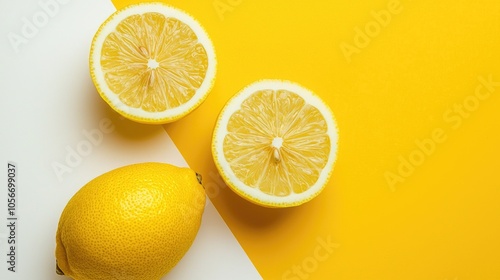 Lemon Halves On Split Color Yellow And White Background With Copy Space For Text