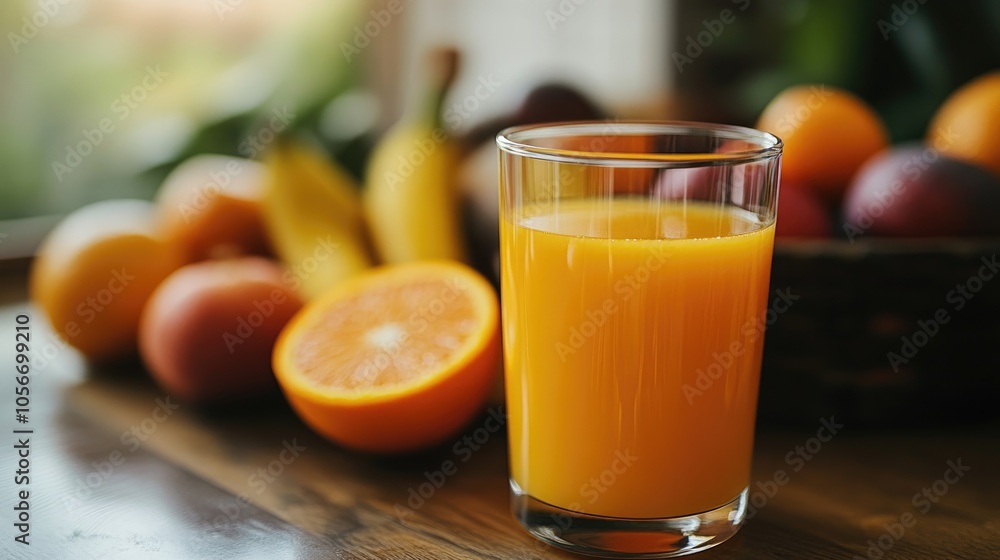 Freshly squeezed orange juice in a glass with assorted fruits in the background Freshly squeezed orange juice in a glass with assorted fruits in the background
