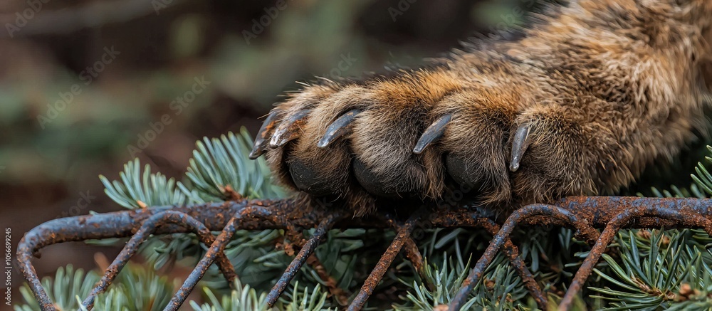 Metal Trail Trap With Traces Of Corrosion On The Paw Of A Wild Fur Bearing Animal Mounted In A Cocked State On Green Coniferous Branches Close Up Metal Trail Trap With Traces Of Corrosion On The Paw Of A Wild Fur Bearing Animal Mounted In A Cocked State On Green Coniferous Branches Close Up