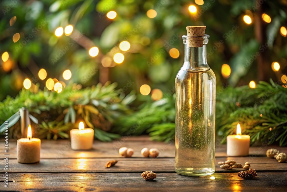 Fizzy glass bottle with a golden cork standing on a rustic wooden table surrounded by greenery and candles, rustic charm, vintage style, party, ambiance Fizzy glass bottle with a golden cork standing on a rustic wooden table surrounded by greenery and candles, rustic charm, vintage style, party, ambiance
