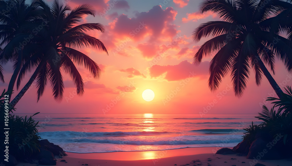 Obraz premium Tropical sunset over the ocean with palm trees framing the view and vibrant colors 