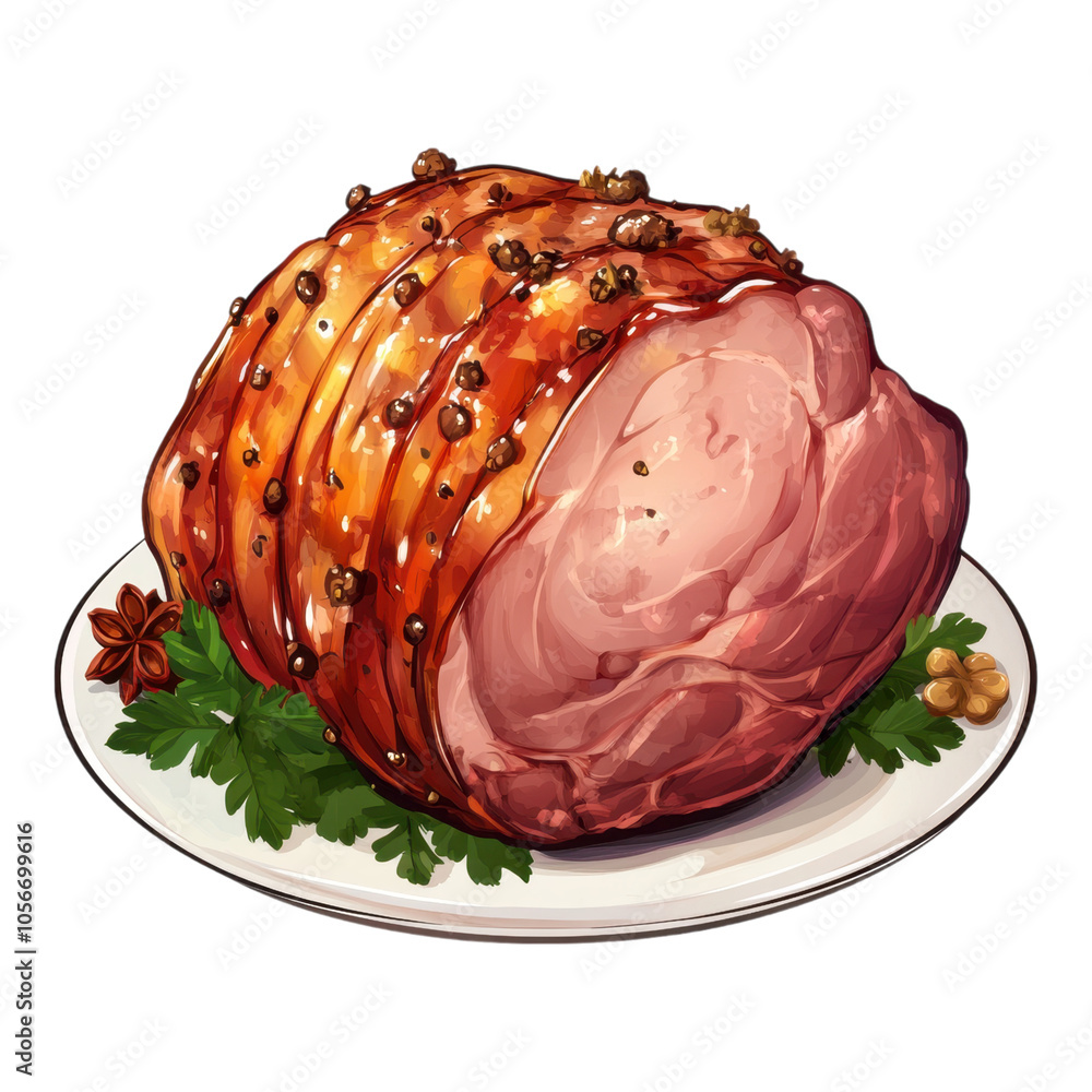 Obraz premium A succulent, glazed ham roast with a crispy exterior, garnished with greens and spices, presented on a white plate against a dark background.