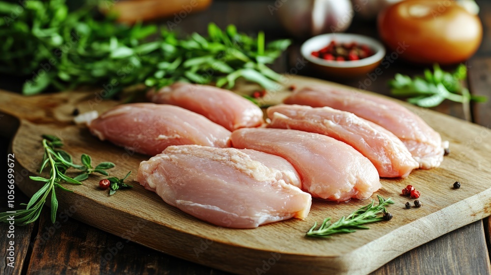 Raw chicken fillets displayed on a wooden cutting board Raw chicken fillets displayed on a wooden cutting board