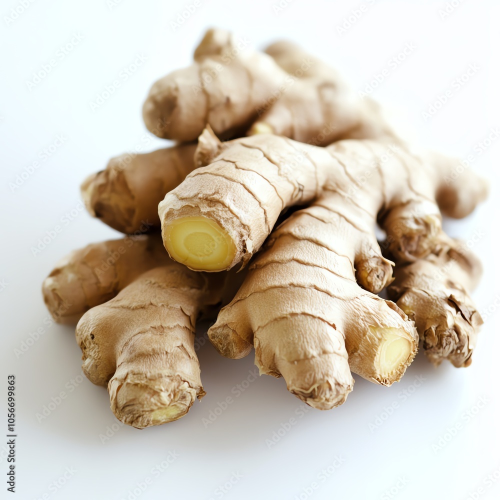Ginger helps reduce nausea on white background. Ginger helps reduce nausea on white background.