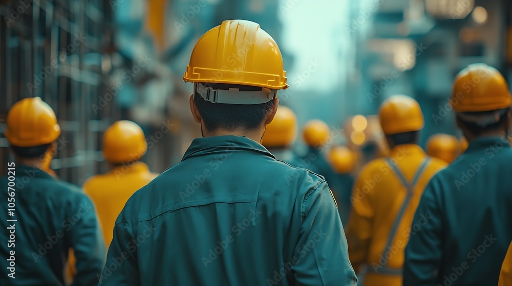 Construction Workers in Yellow Hard Hats at a Busy Construction Site : Generative AI Construction Workers in Yellow Hard Hats at a Busy Construction Site : Generative AI