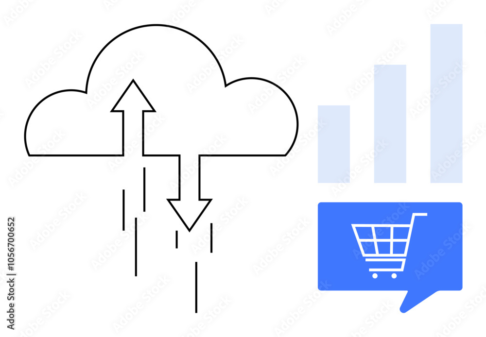 Cloud with arrows indicating data transfer, blue e-commerce cart icon, and ascending bar chart representing growth. Ideal for cloud computing, data management, e-commerce, business growth, online Cloud with arrows indicating data transfer, blue e-commerce cart icon, and ascending bar chart representing growth. Ideal for cloud computing, data management, e-commerce, business growth, online