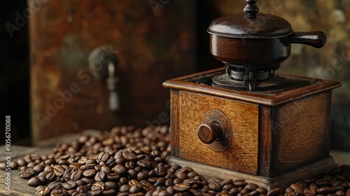 Antique wooden coffee grinder accompanied by coffee beans Captured in a vintage style with rich dark tones