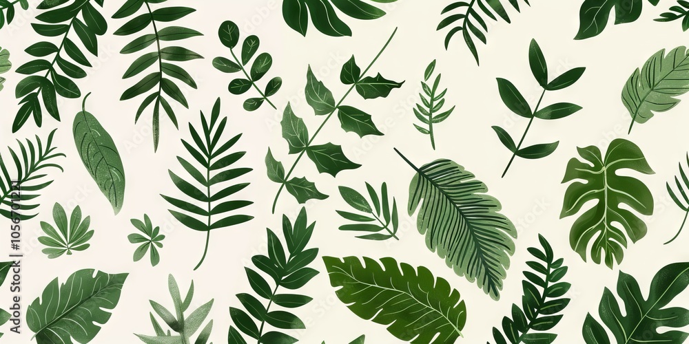 A seamless pattern featuring a variety of green tropical leaves on a light background, perfect for nature and botanical-themed designs. A seamless pattern featuring a variety of green tropical leaves on a light background, perfect for nature and botanical-themed designs.