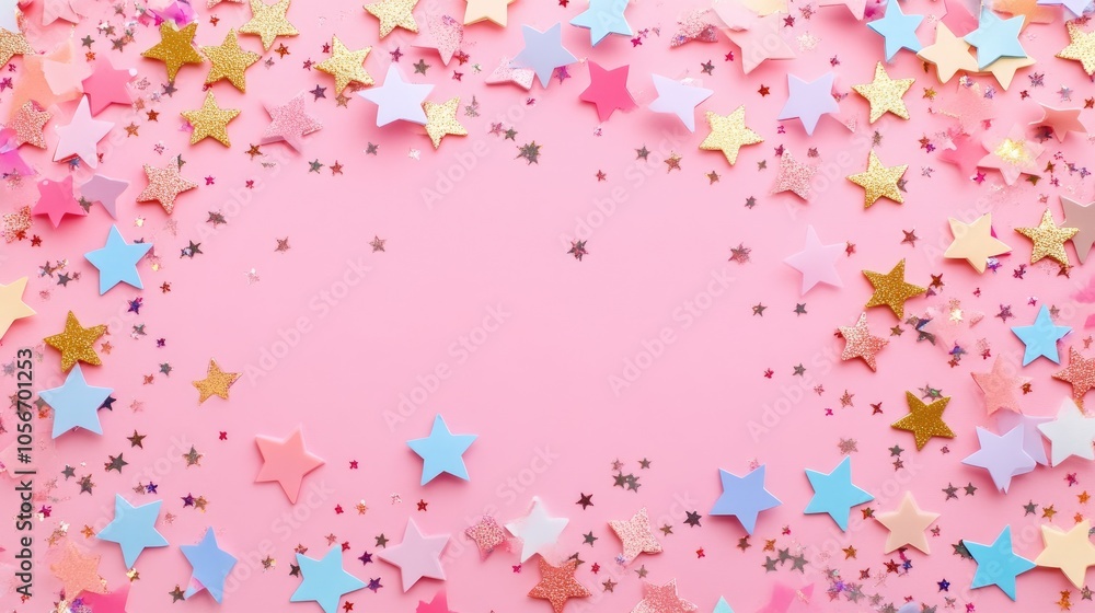 Abstract pastel star confetti on a pink background Abstract pastel star confetti on a pink background