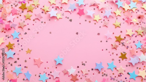 Abstract pastel star confetti on a pink background