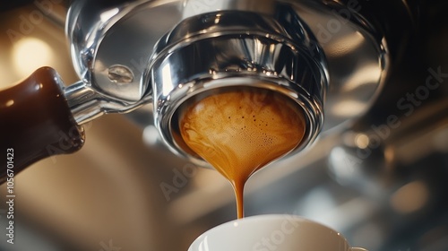 Close up of an espresso machine pouring freshly brewed coffee into a white cup highlighting the rich crema and the smooth flow of espresso