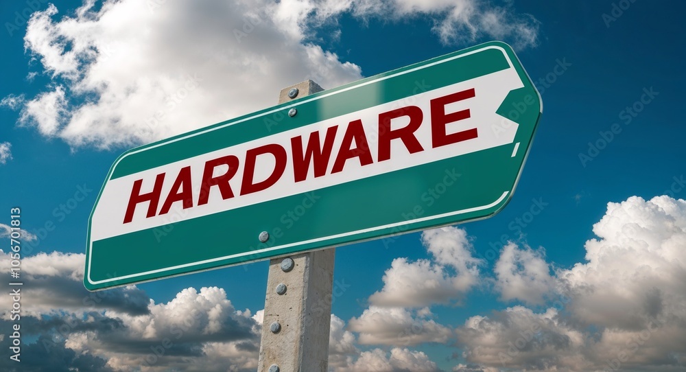 Fototapeta premium Hardware text on road sign with clouds and sky background