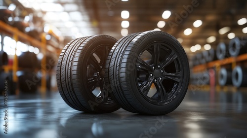 New tires for vehicles displayed in a blurred auto repair service center showcasing a set of four wheels in a warehouse setting