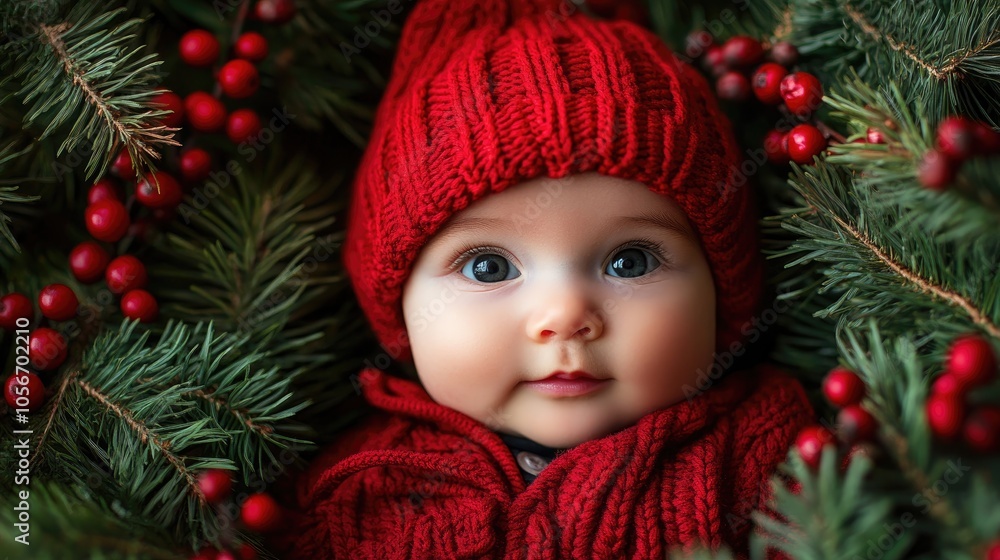 Charming baby wearing a red knit hat amidst festive pine branches and berries embodying the cozy spirit of the holiday season Charming baby wearing a red knit hat amidst festive pine branches and berries embodying the cozy spirit of the holiday season