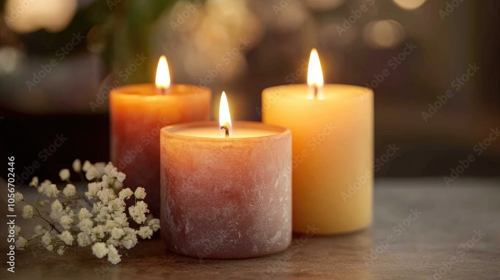 Three candles arranged closely on a table surface Three candles arranged closely on a table surface