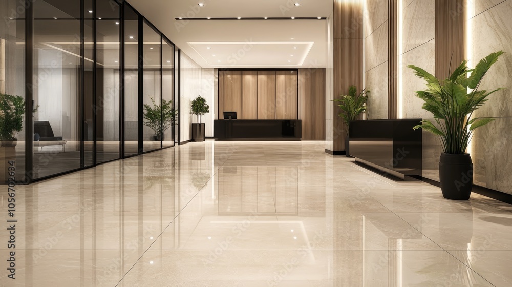 Obraz premium Modern lobby interior of a commercial building featuring a polished floor in the office hall after professional cleaning showcasing marble tiles as part of the design concept