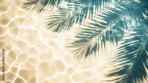 Top view of tropical leaf shadows on a water surface The silhouette of palm leaves against a sandy background creates a beautiful abstract design ideal for summer vacation concepts