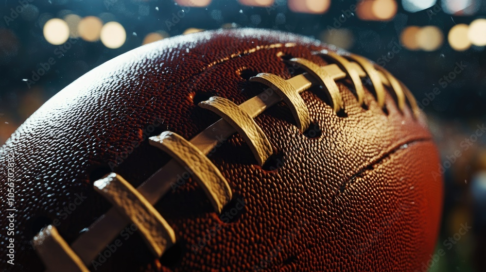 Close up of the intricate seams and leather of a football with blurred stadium lights and cheering fans emphasizing the thrill and strategy of the sport Close up of the intricate seams and leather of a football with blurred stadium lights and cheering fans emphasizing the thrill and strategy of the sport