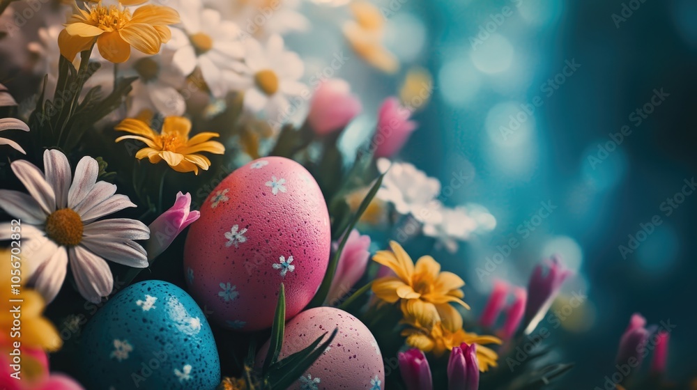 Vibrant Easter eggs nestled in a close up view with blooming spring flowers and ample copy space Vibrant Easter eggs nestled in a close up view with blooming spring flowers and ample copy space