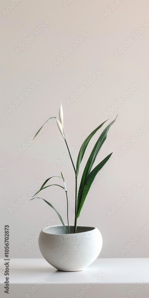 A minimalist white pot with a green plant, placed on a white surface against a neutral background, showcasing simplicity and elegance. A minimalist white pot with a green plant, placed on a white surface against a neutral background, showcasing simplicity and elegance.