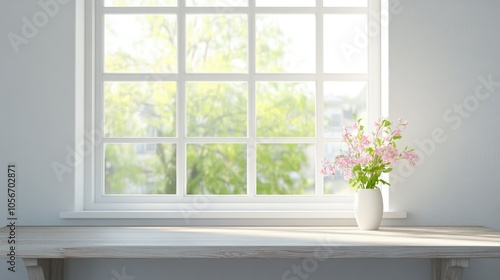 White wooden table beside a spacious spring window with ample space for text or graphics