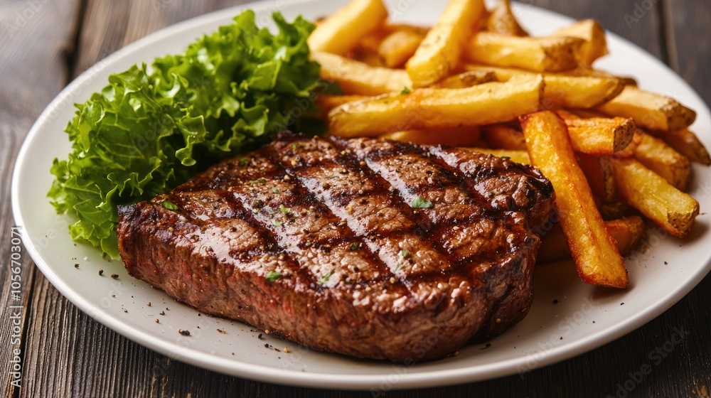 Piece Of Lean Succulent Grilled Steak On A Plate With Potato Fries And Some Green Lettuce As Garnish A Catering Concept Piece Of Lean Succulent Grilled Steak On A Plate With Potato Fries And Some Green Lettuce As Garnish A Catering Concept