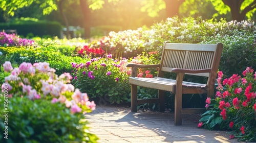 Wooden bench surrounded by vibrant flowers in a lush garden Scenic park featuring blossoming shrubs on a sunny summer day