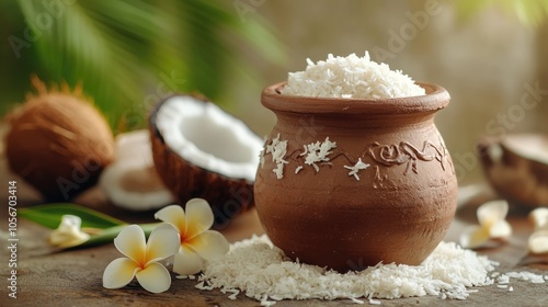 Clay pot of Kiribath on a rustic table accompanied by coconut milk rice and frangipani flowers for a festive celebration