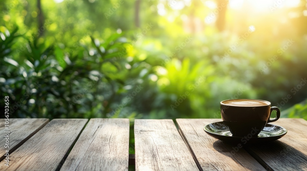 Coffee placed on a rustic wooden table in an outdoor setting during the morning hours Coffee placed on a rustic wooden table in an outdoor setting during the morning hours