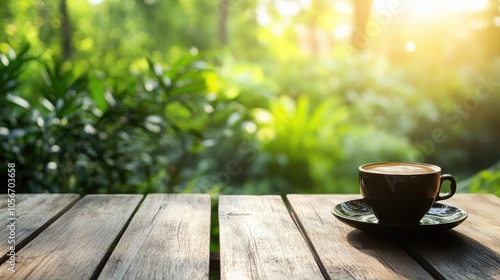 Coffee placed on a rustic wooden table in an outdoor setting during the morning hours