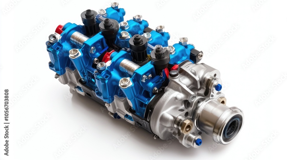 Closeup view of high-performance ice engine intake manifold in minimalist design Closeup view of high-performance ice engine intake manifold in minimalist design