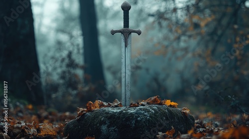 Ancient sword positioned on a stone amidst wooded surroundings