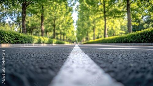 Wallpaper Mural Asphalt road featuring double white lines bordered by a row of green trees Torontodigital.ca