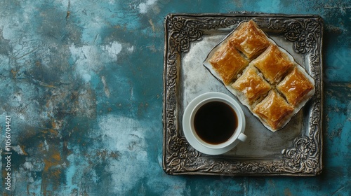 Coffee and Turkish baklava on a silver platter. blue background. view from above.
