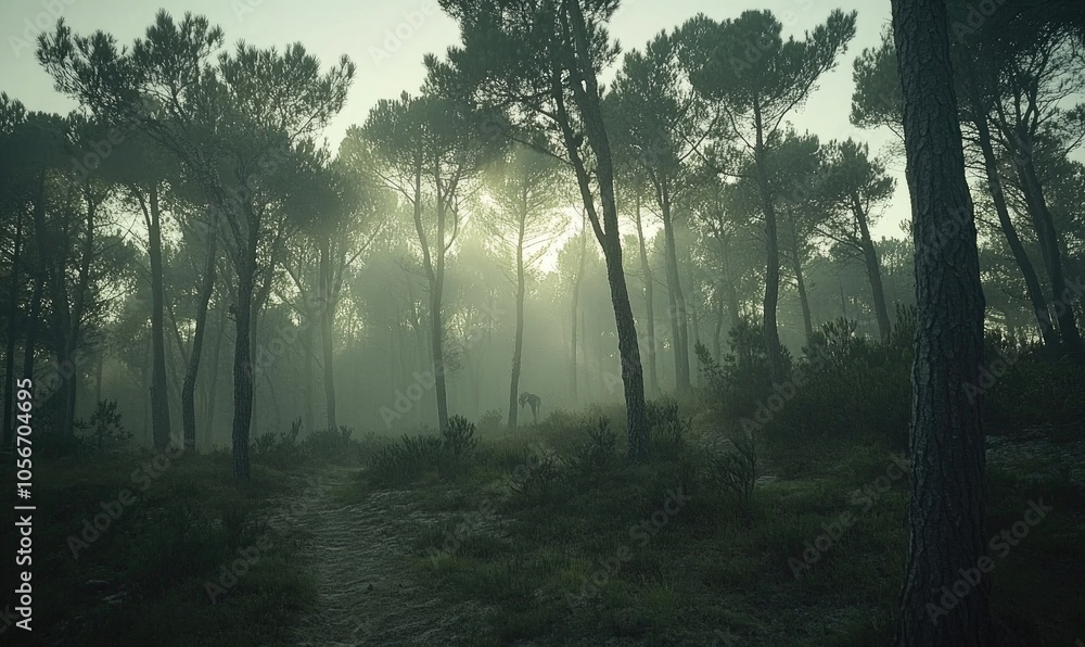 Obraz premium Mysterious Forest Path with Sunlight Through the Trees