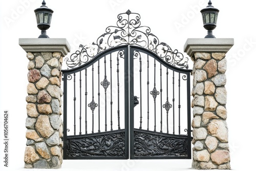 Ornate Black Metal Gate with Stone Pillars and Lanterns